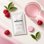 Reform Daily Energy sachet with raspberry, green tea leaves, tablet and prepared drink