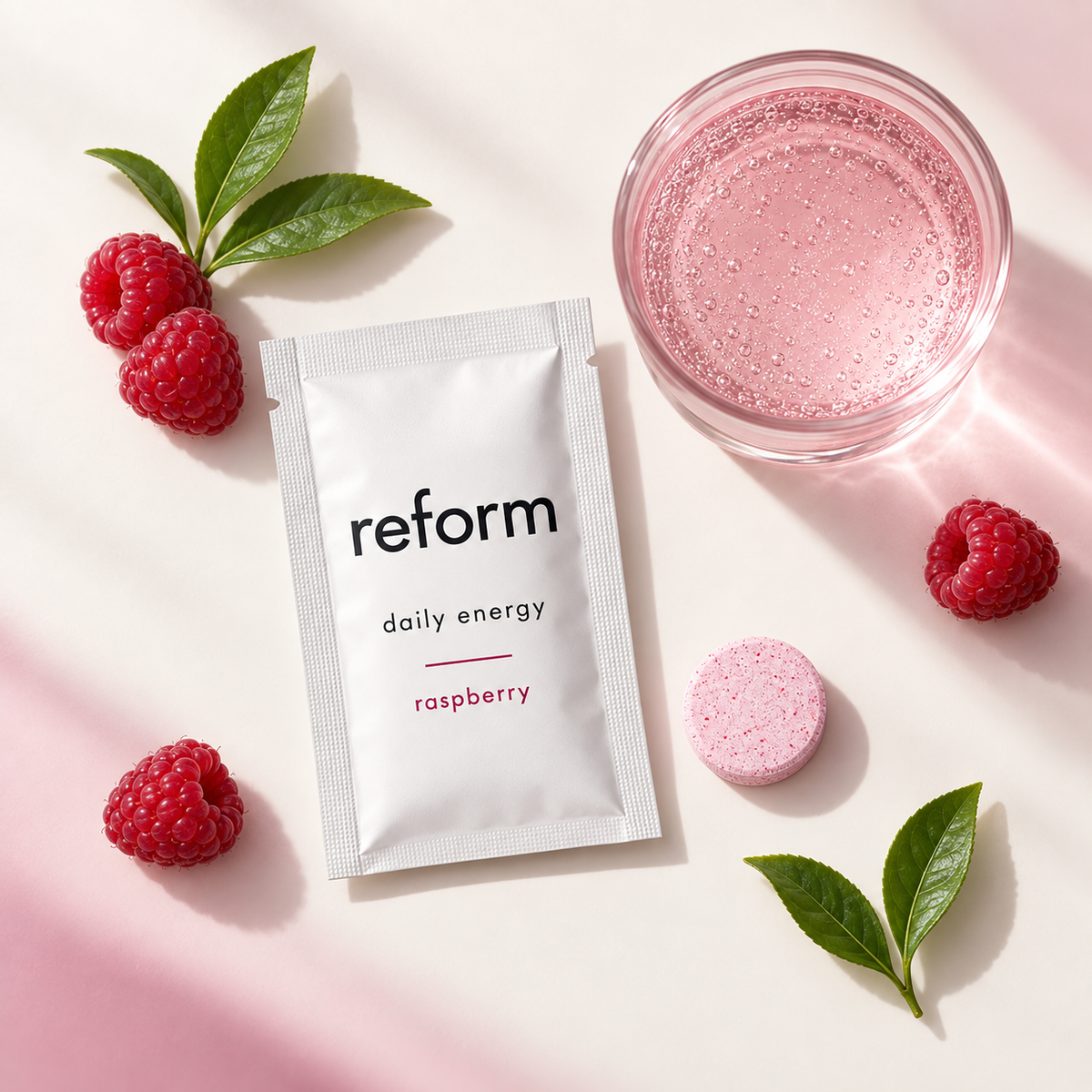 Reform Daily Energy sachet with raspberry, green tea leaves, tablet and prepared drink