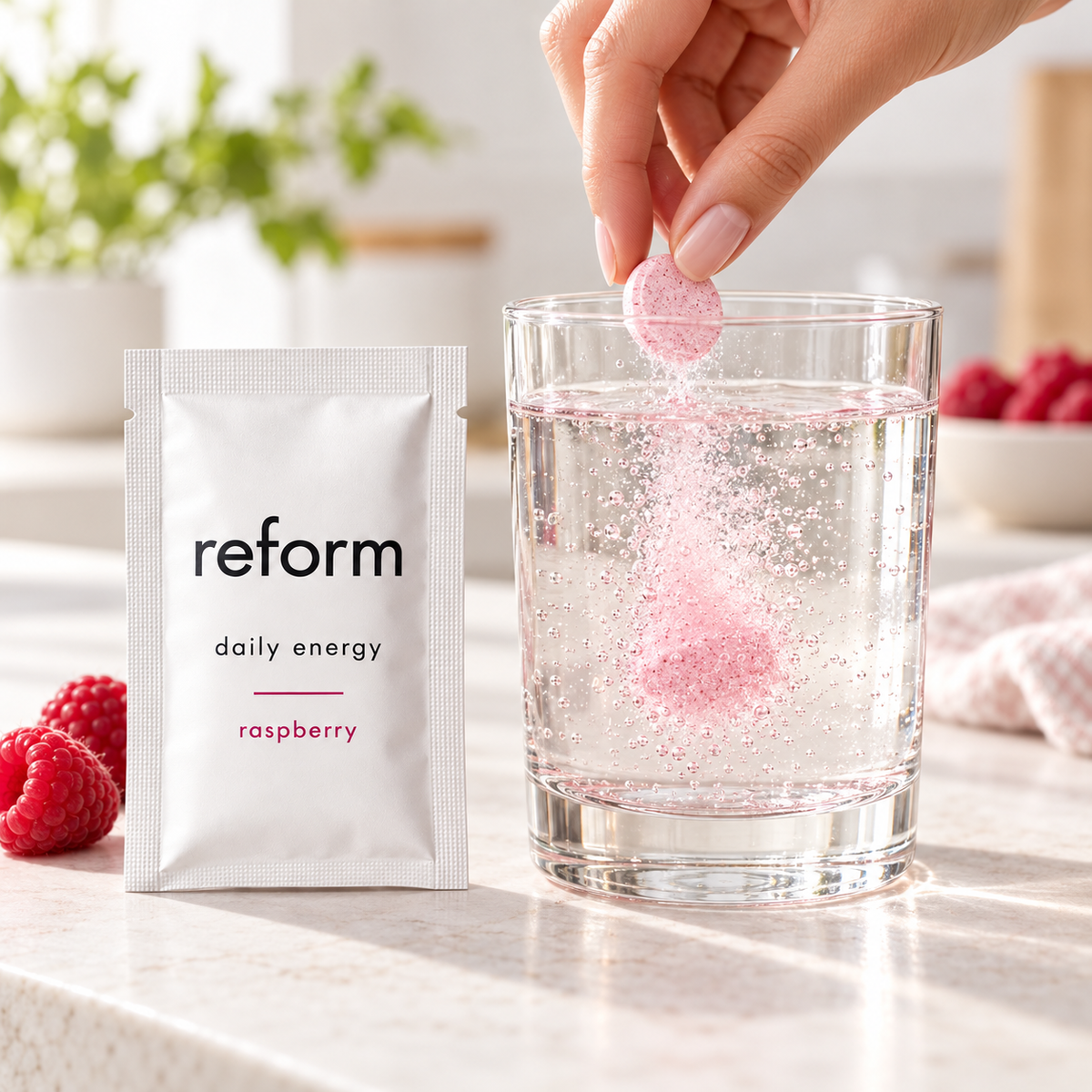 Reform Daily Energy raspberry tablet being dropped into cold water