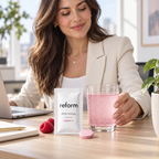 Woman reaching for Reform Daily Energy at a bright office desk