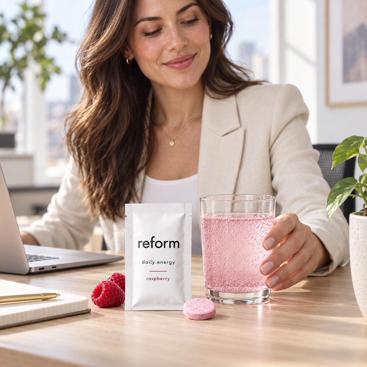 Woman reaching for Reform Daily Energy at a bright office desk